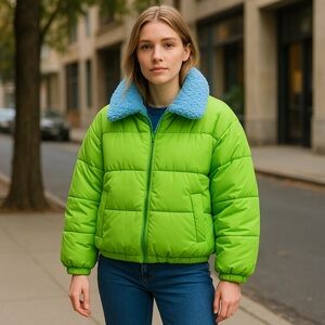NEW URBAN OUTFITTERS Duckie Faux Shearling Collar lime Green Puffer Jacket